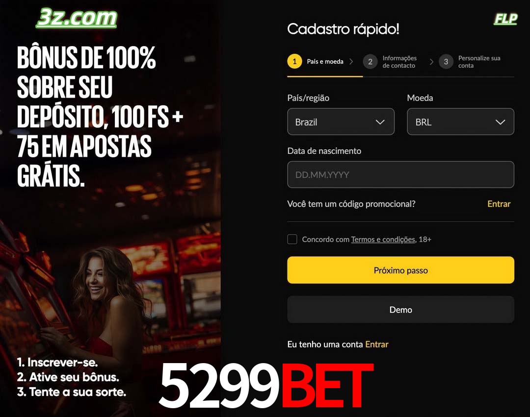 5299bet registro oficial cassino online Brasil com bônus de depósito e free spins